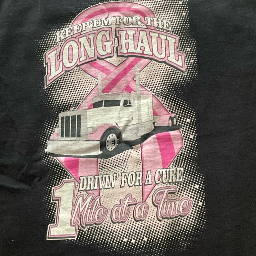 8-2026= Gildan Black Tee with Pink Ribbon Design TRUCKERS T-SHIP-CURE FOR CANCER